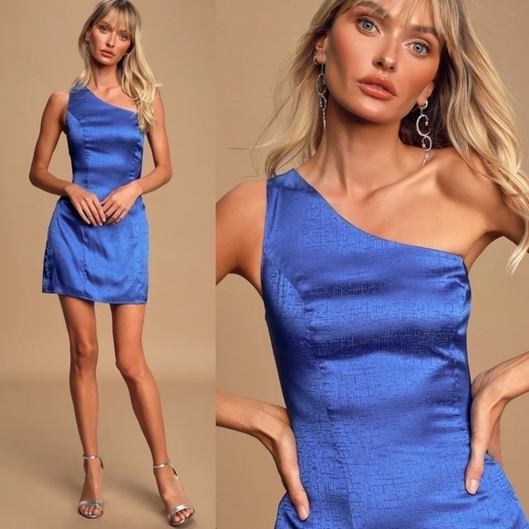 Lulus Lisette Satin One-Shoulder Mini Dress in Cobalt Blue Size Extra Large - Picture 2 of 8